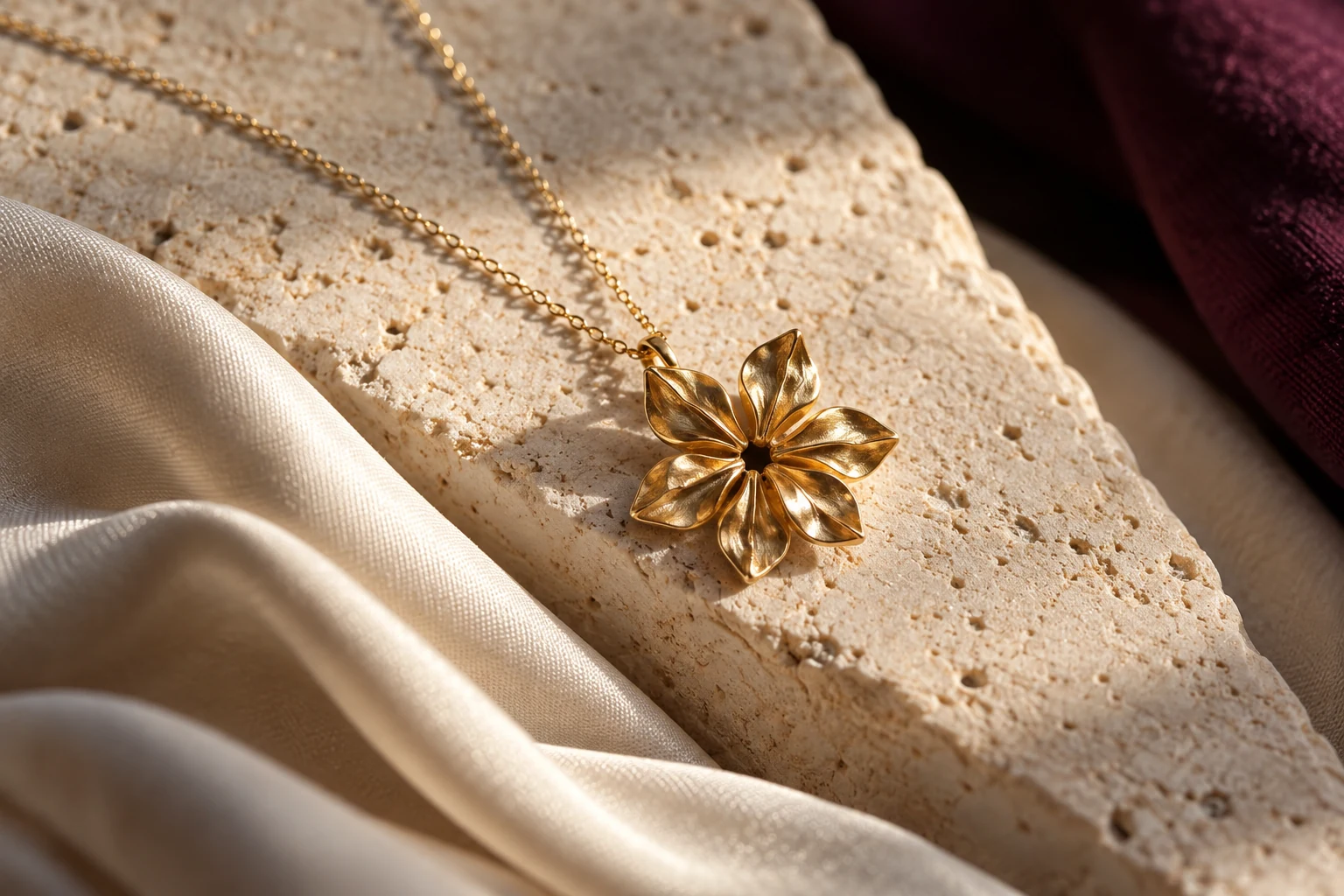 Illustrative studio study of a sculptural six-petal flower pendant and a fine chain on ivory stone