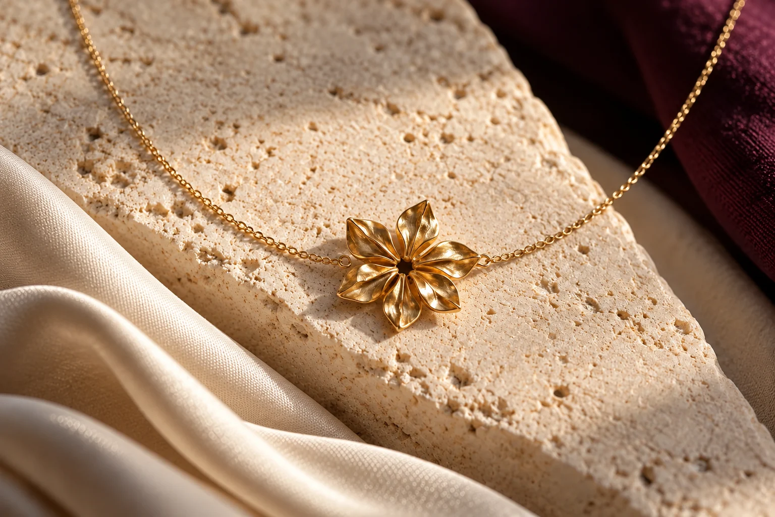 Illustrative Statira necklace study with a folded six-petal flower between two sides of a fine chain on ivory stone